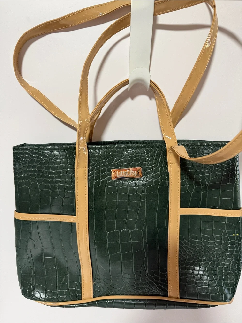 Dark Green Croc-Embossed Tote with Tan Trim